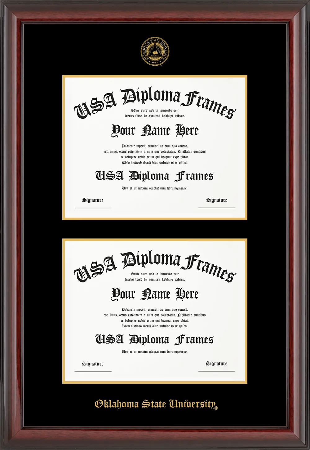 Double - Horizontal Documents row 3 spot 1 - Cherry Mahogany Glossy Moulding - Black Mat - Gold Accent Mat Diploma Frame