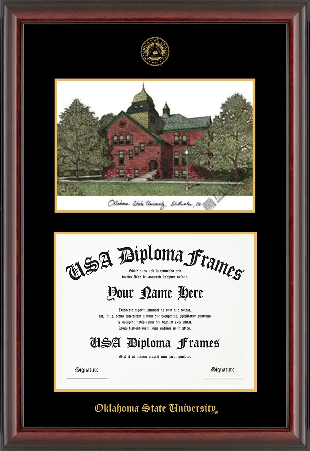 Single - Horizontal Document with Lithograph - Vertically row 3 spot 2 - Cherry Mahogany Glossy Moulding - Black Mat - Gold Accent Mat Diploma Frame