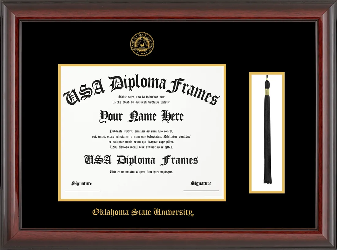 Single- Horizontal Document with Tassel row 2 spot 1 - Cherry Mahogany Glossy Moulding - Black Mat - Gold Accent Mat Diploma Frame