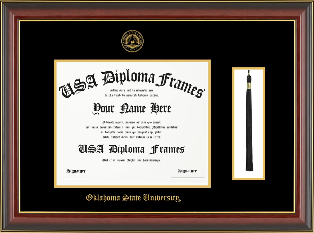 Single- Horizontal Document with Tassel row 2 spot 2 - Cherry Mahogany Gold Trim Glossy Moulding - Black Mat - Gold Accent Mat Diploma Frame