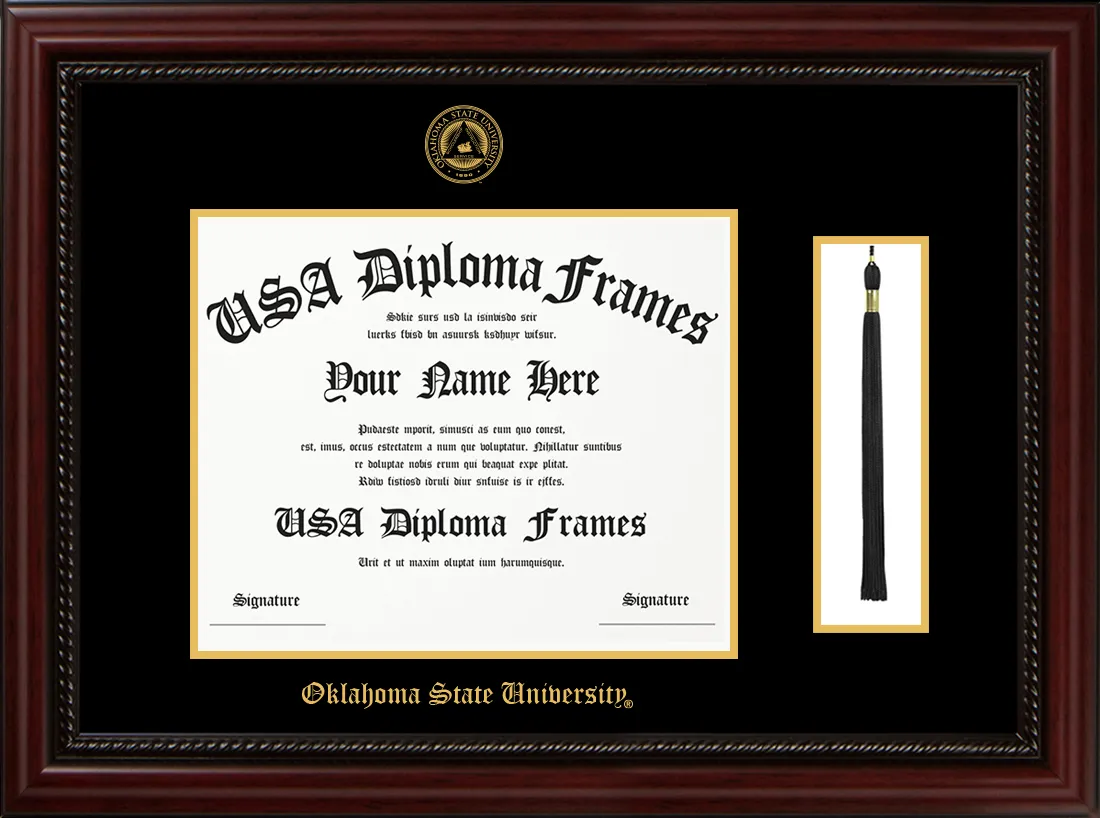 Single- Horizontal Document with Tassel row 2 spot 3 - Executive Cherry Rope Moulding - Black Mat - Gold Accent Mat Diploma Frame