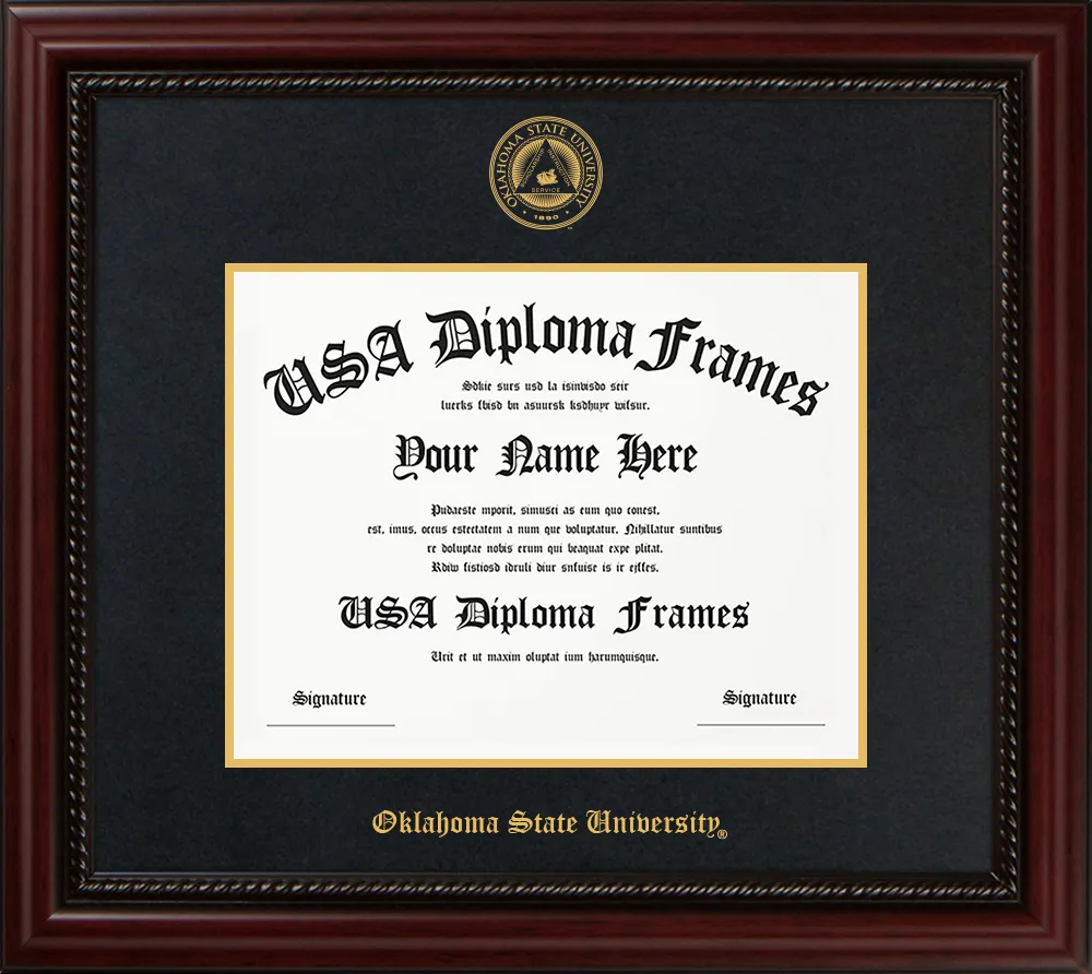 Single - Horizontal Document row 1 spot 3 - Executive Cherry Rope Moulding - Black Suede Mat - Gold Accent Mat Diploma Frame