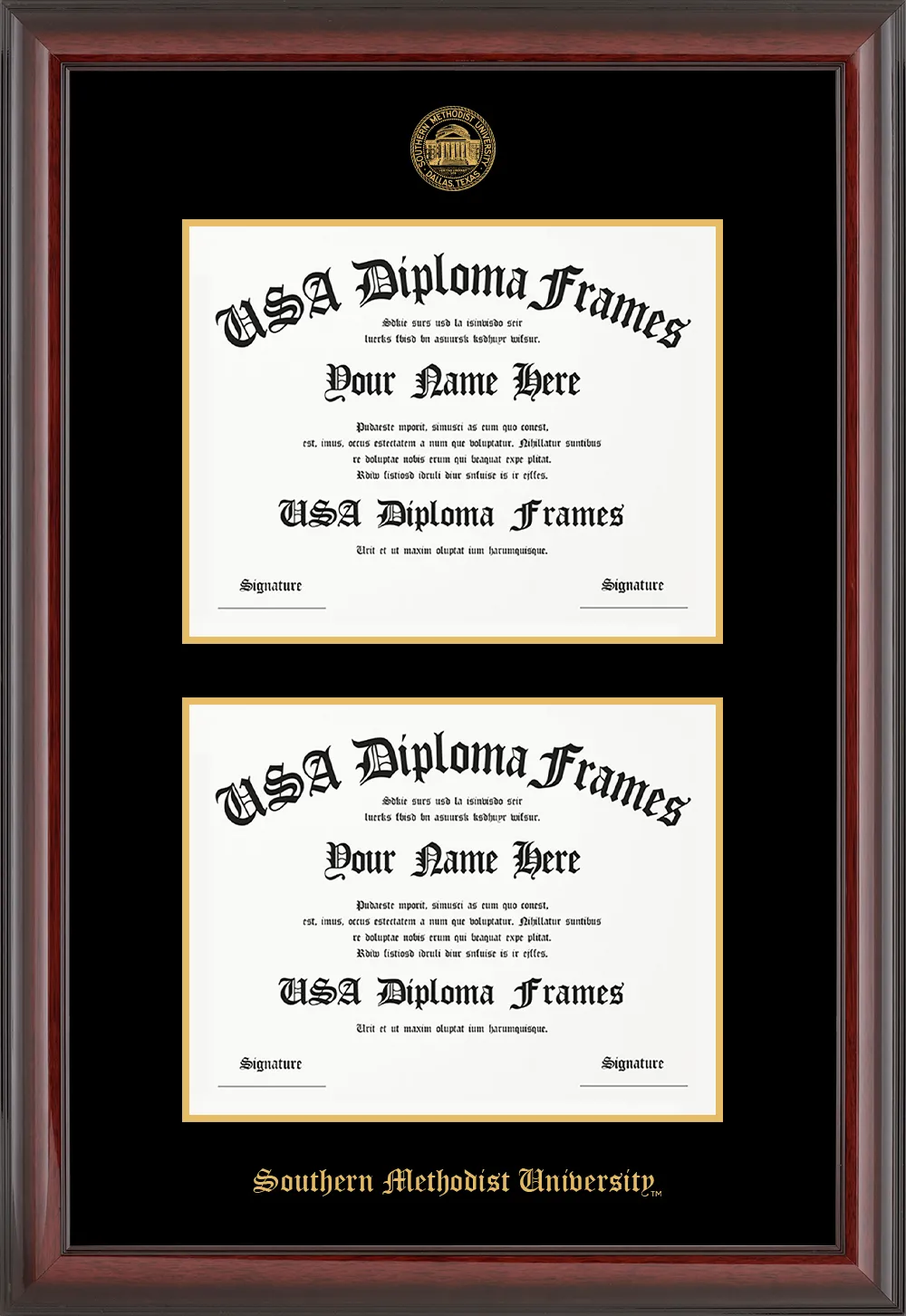 Double Document - Cherry Mahogany Glossy Moulding - Black Mat - Gold Accent Mat - Gold Embossing Diploma Frame