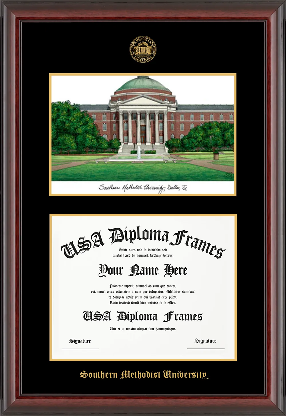 Lithograph - Cherry Mahogany Glossy Moulding - Black Mat - Gold Accent Mat - Gold Embossing Diploma Frame