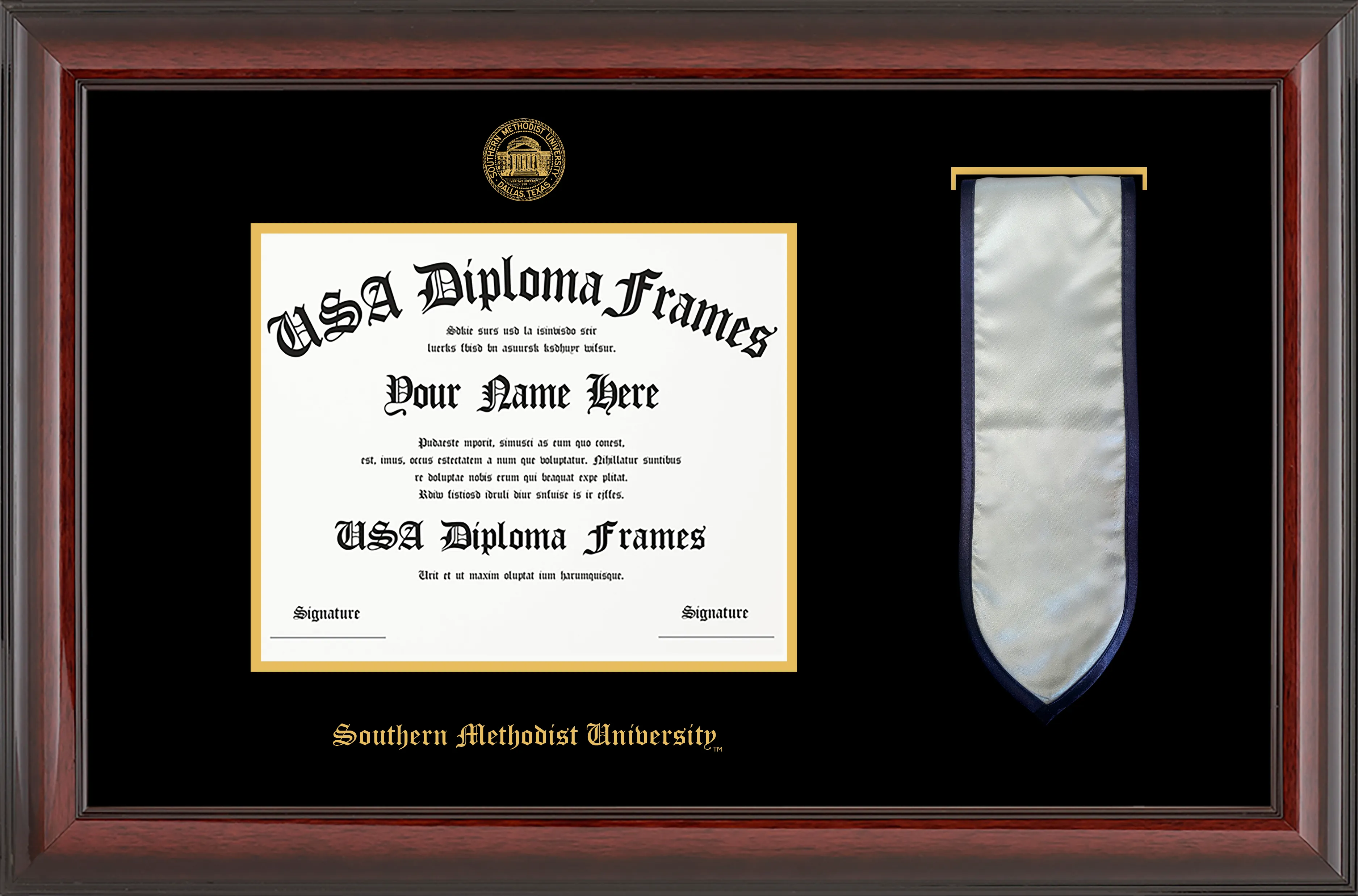 Single w/ Stole - Cherry Mahogany Glossy Moulding - Black Mat - Gold Accent Mat - Gold Embossing Diploma Frame