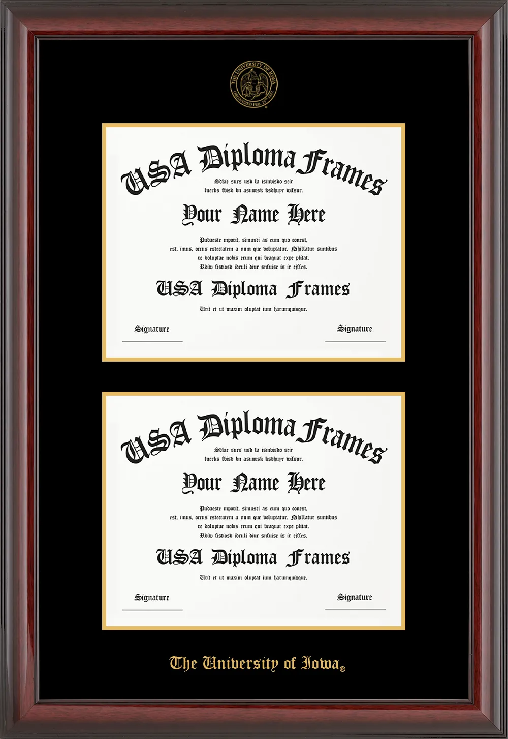 Double Document  - Cherry Mahogany Glossy Moulding - Black Mat - Gold Accent Mat - The University of Iowa Embossing Diploma Frame