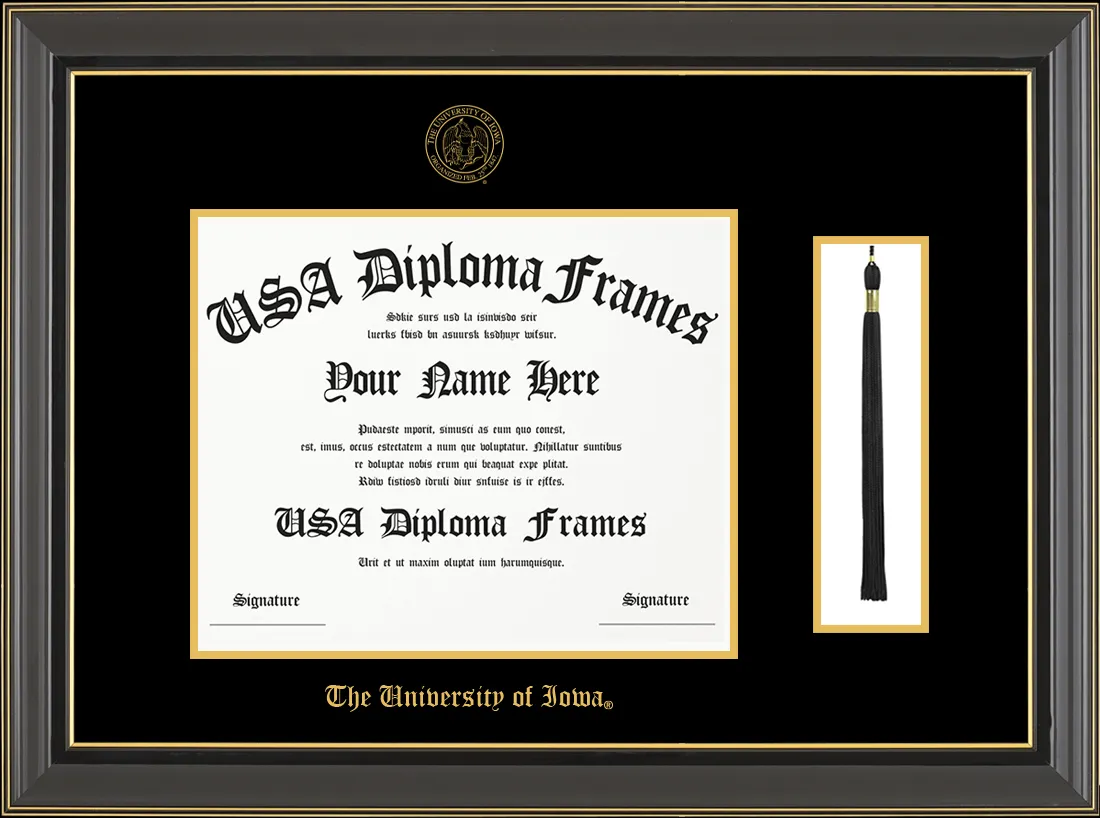 Single Tassel - Black Gold Trim Glossy Moulding - Black Mat - Gold Accent Mat - The University of Iowa Embossing Diploma Frame