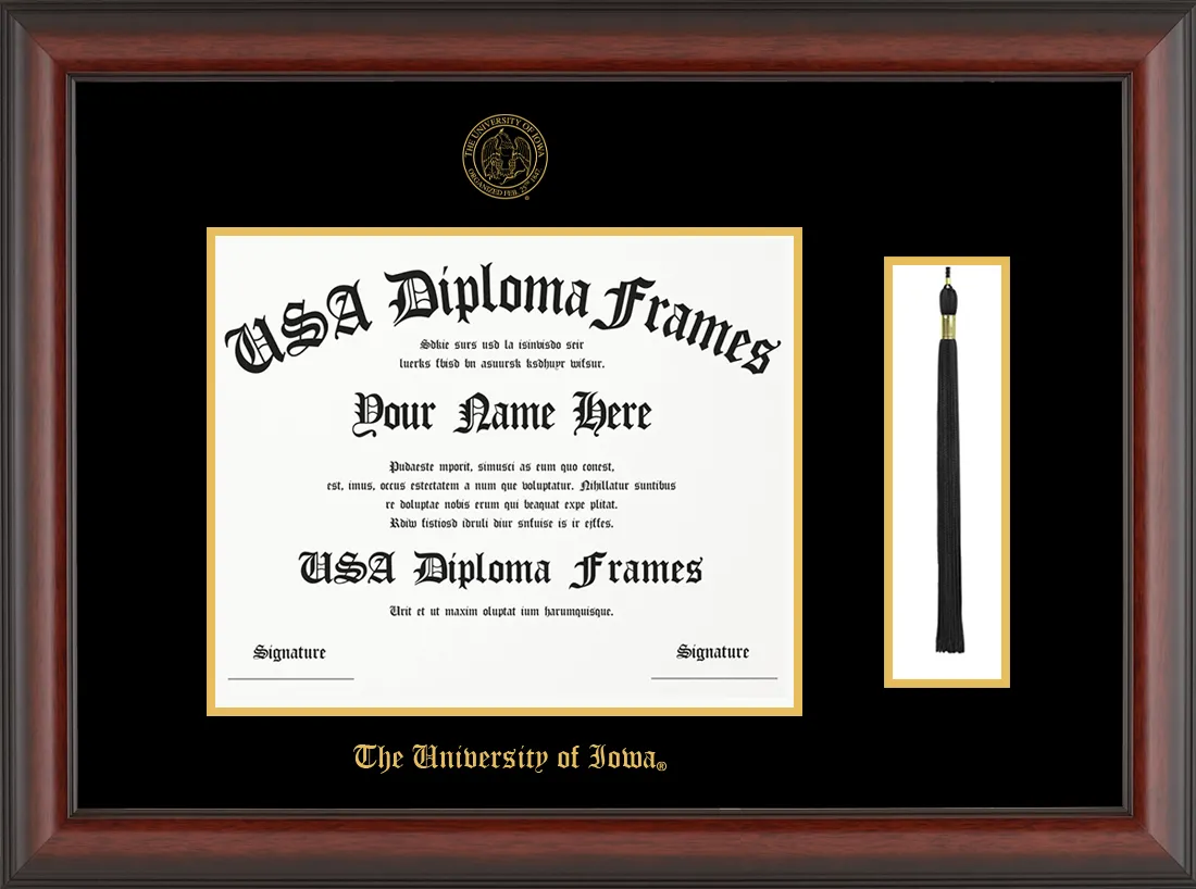 Single Tassel - Cherry Mahogany Matte Moulding - Black Mat - Gold Accent Mat - The University of Iowa Embossing Diploma Frame