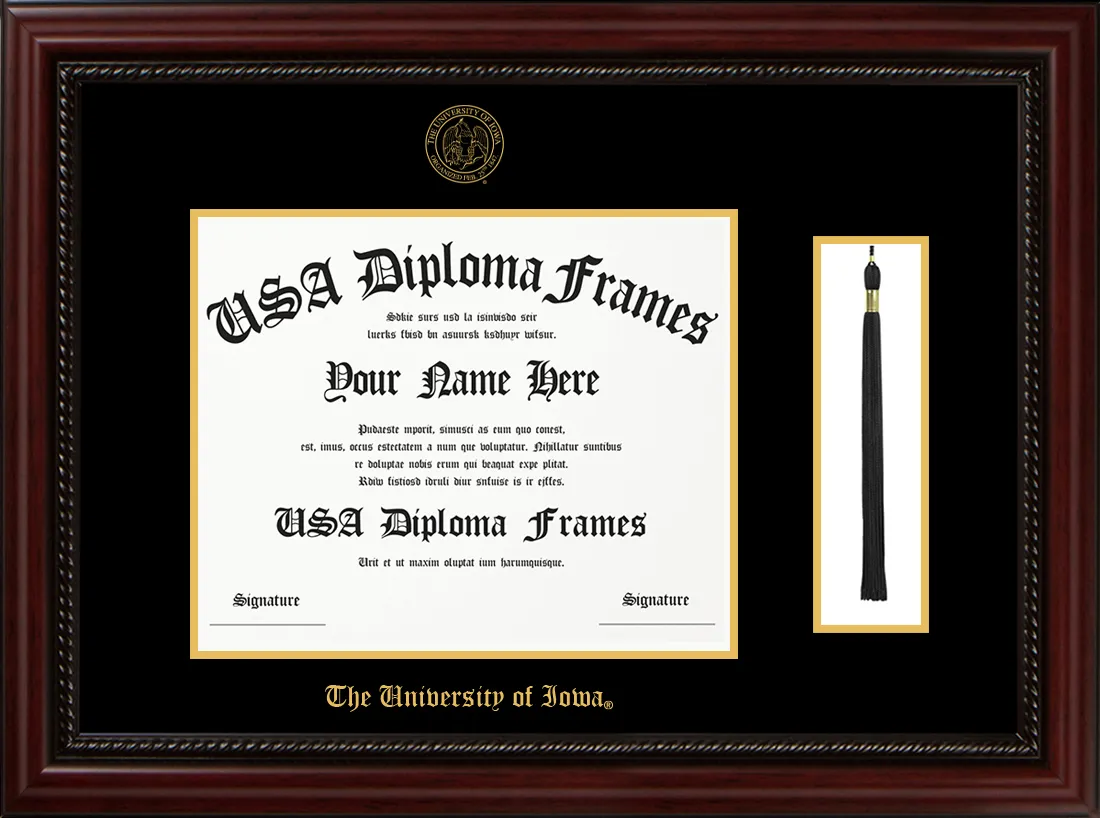 Single Tassel - Executive Cherry Rope Moulding - Black Mat - Gold Accent Mat - The University of Iowa Embossing Diploma Frame