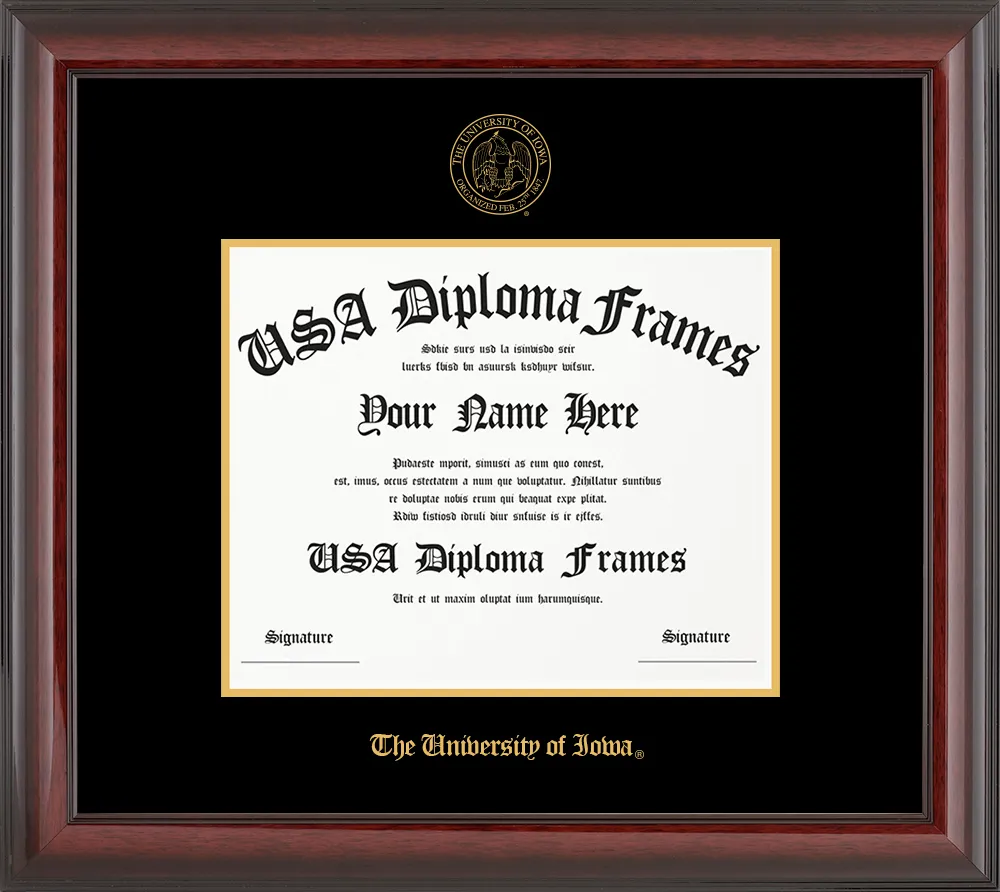 Single Horizontal - Cherry Mahogany Glossy Moulding - Black Mat - Gold Accent Mat - The University of Iowa Embossing Diploma Frame