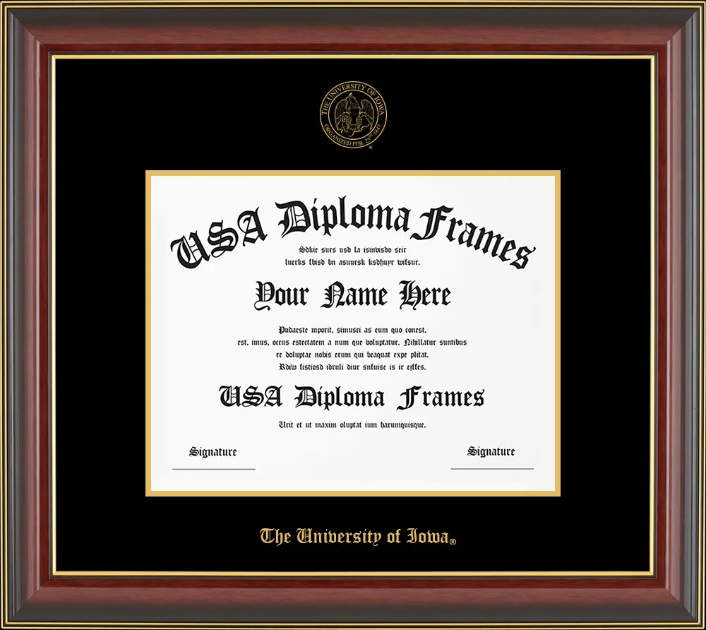 Single Horizontal - Cherry Mahogany Gold Trim Glossy Moulding - Black Mat - Gold Accent Mat - The University of Iowa Embossing Diploma Frame