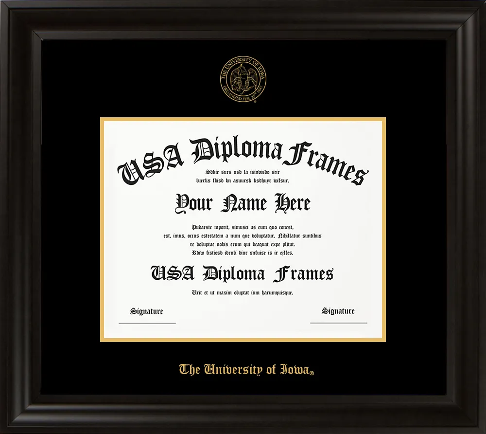 Single Horizontal - Executive Black Moulding - Black Mat - Gold Accent Mat - The University of Iowa Embossing Diploma Frame