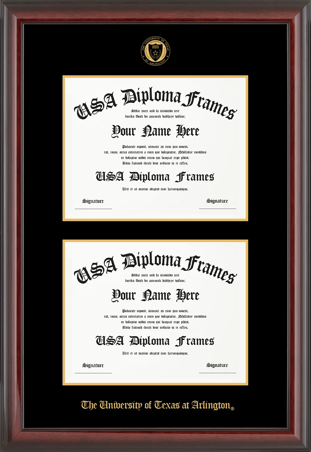 Double - Horizontal Documents - Cherry Mahogany Glossy Moulding - Black Mat - Gold Accent Mat - The University of Texas at Arlington Embossing Diploma Frame