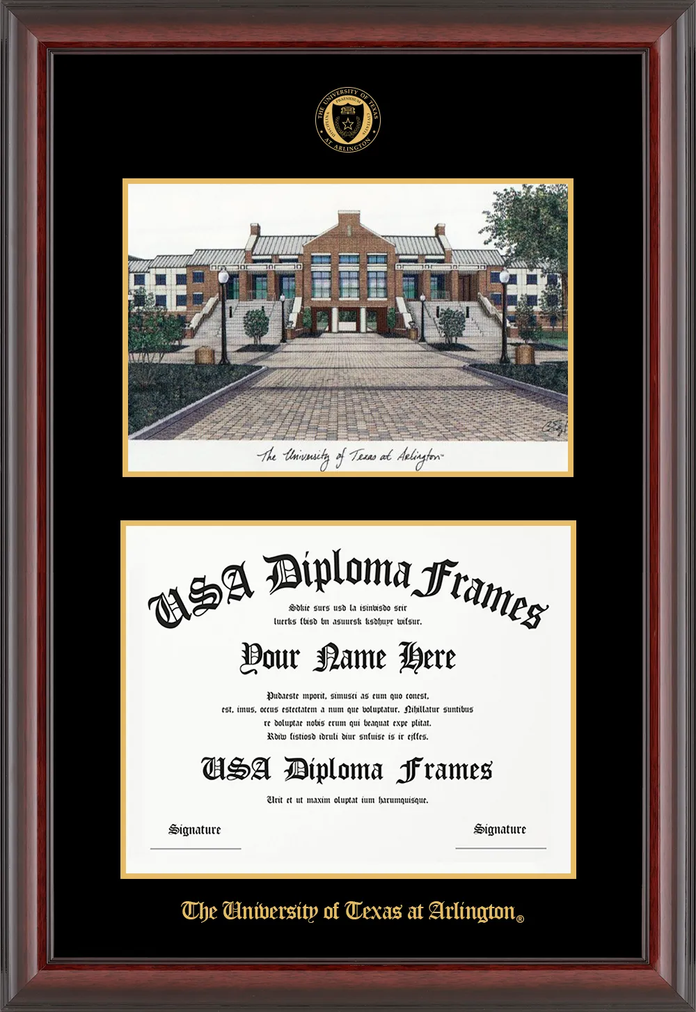 Single - Horizontal Document with Lithograph - Vertically - Cherry Mahogany Glossy Moulding - Black Mat - Gold Accent Mat - The University of Texas at Arlington Embossing Diploma Frame