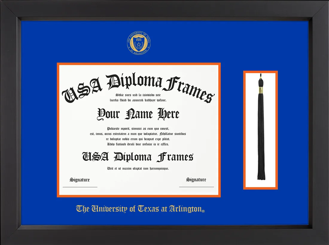 Single- Horizontal Document with Tassel - Black Matte Moulding - Royal Blue Mat - Orange Accent Mat - The University of Texas at Arlington Embossing Diploma Frame