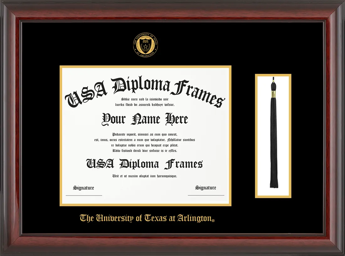 Single- Horizontal Document with Tassel - Cherry Mahogany Glossy Moulding - Black Mat - Gold Accent Mat - The University of Texas at Arlington Embossing Diploma Frame