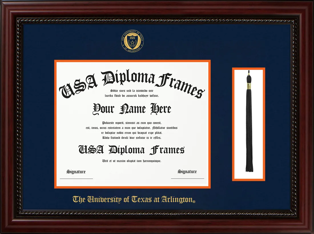 Single- Horizontal Document with Tassel - Executive Cherry Rope Moulding - Navy Suede Mat - Orange Accent Mat - The University of Texas at Arlington Embossing Diploma Frame