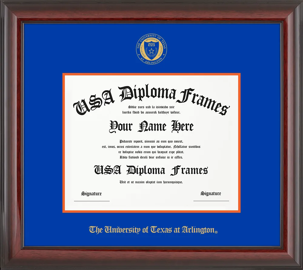 Single - Horizontal Document - Cherry Mahogany Glossy Moulding - Royal Blue Mat - Orange Accent Mat - The University of Texas at Arlington Embossing Diploma Frame