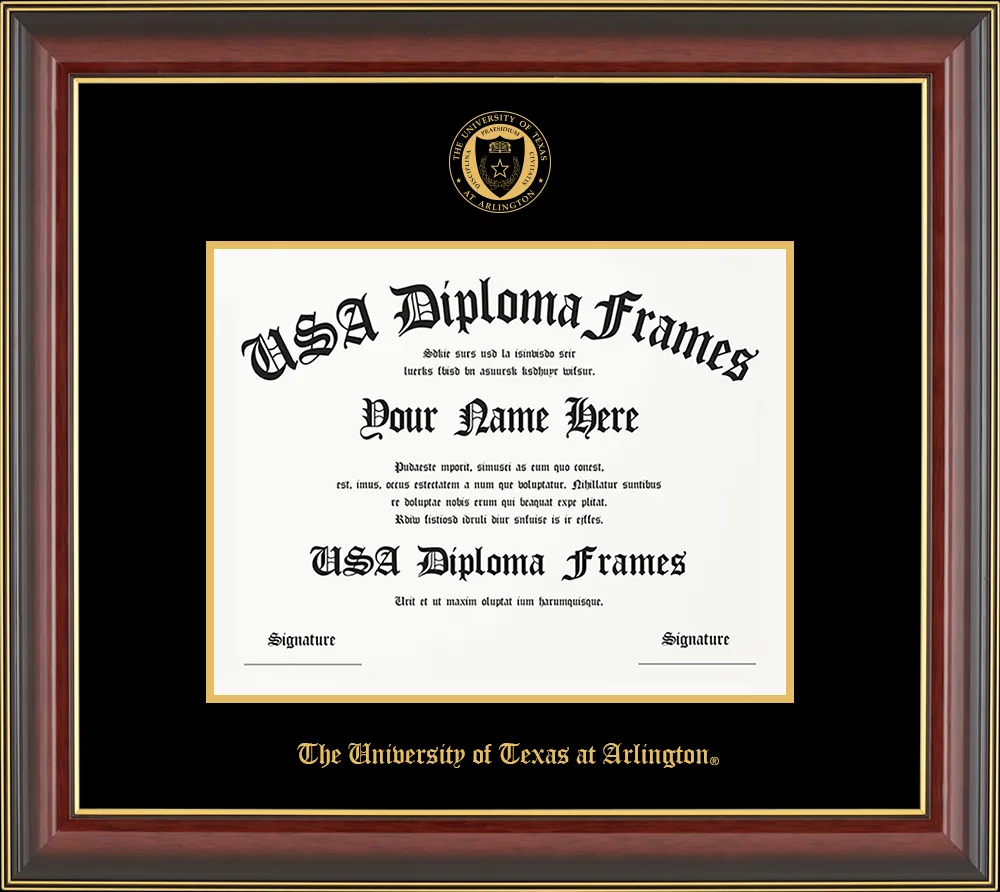 Single - Horizontal Document - Cherry Mahogany Gold Trim Glossy Moulding - Black Mat - Gold Accent Mat - The University of Texas at Arlington Embossing Diploma Frame