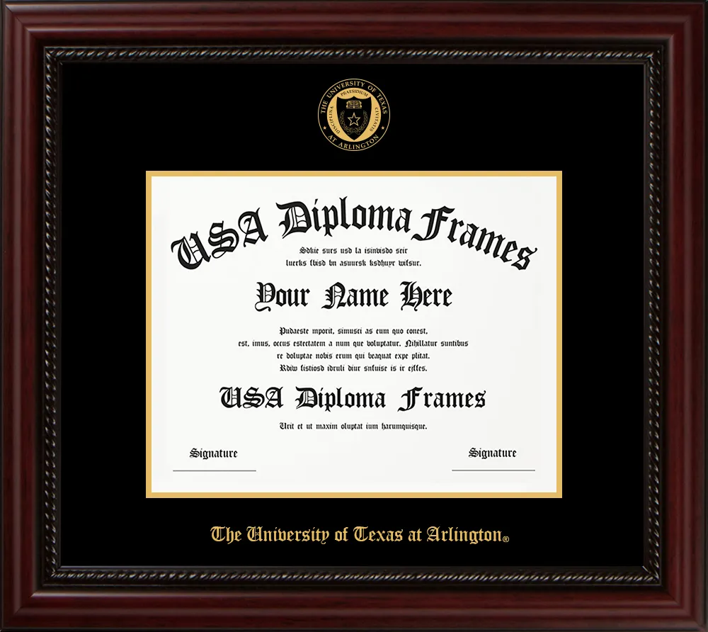 Single - Horizontal Document - Executive Cherry Rope Moulding - Black Mat - Gold Accent Mat - The University of Texas at Arlington Embossing Diploma Frame