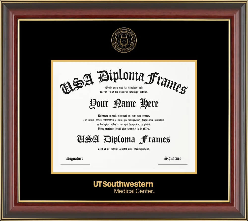 Single - Horizontal Document - Cherry Mahogany Gold Trim Glossy Moulding - Black Mat - Gold Accent Mat - Gold Embossing Diploma Frame