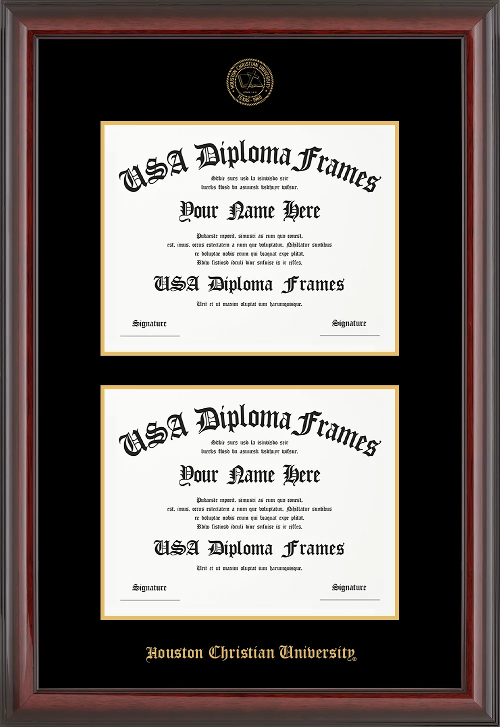 Double Document - Cherry Mahogany Glossy Moulding - Black Mat - Gold Accent Mat - Gold Embossing Diploma Frame