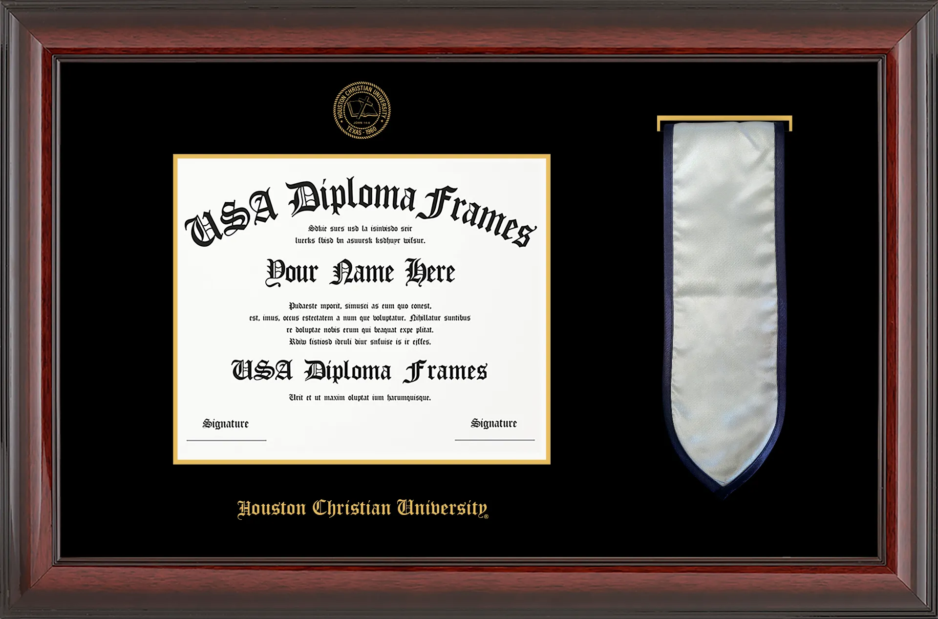 Single Horizontal Stole - Cherry Mahogany Glossy Moulding - Black Mat - Gold Accent Mat - Gold Embossing Diploma Frame